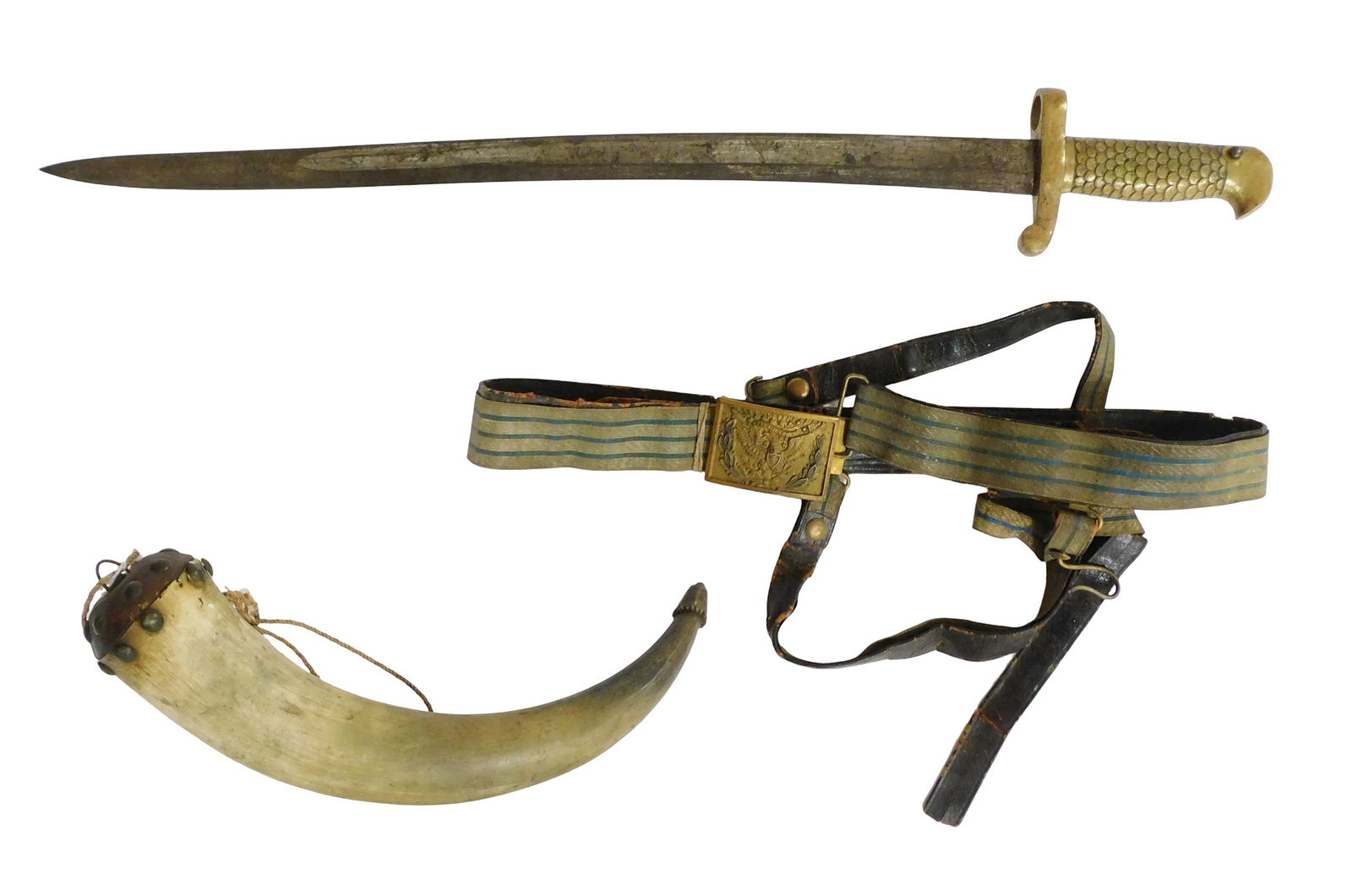 WEAPON: Indian War bayonet, US Officer belt & buckle, 1870s-1880s, and powder horn, three pieces, (1 of 4)