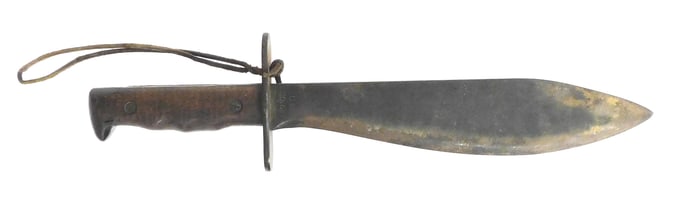 WEAPON: Plumb WWI bolo knife, Philadelphia, 1917, dark wood carved handle, fuller stamped "U.S. Mod.