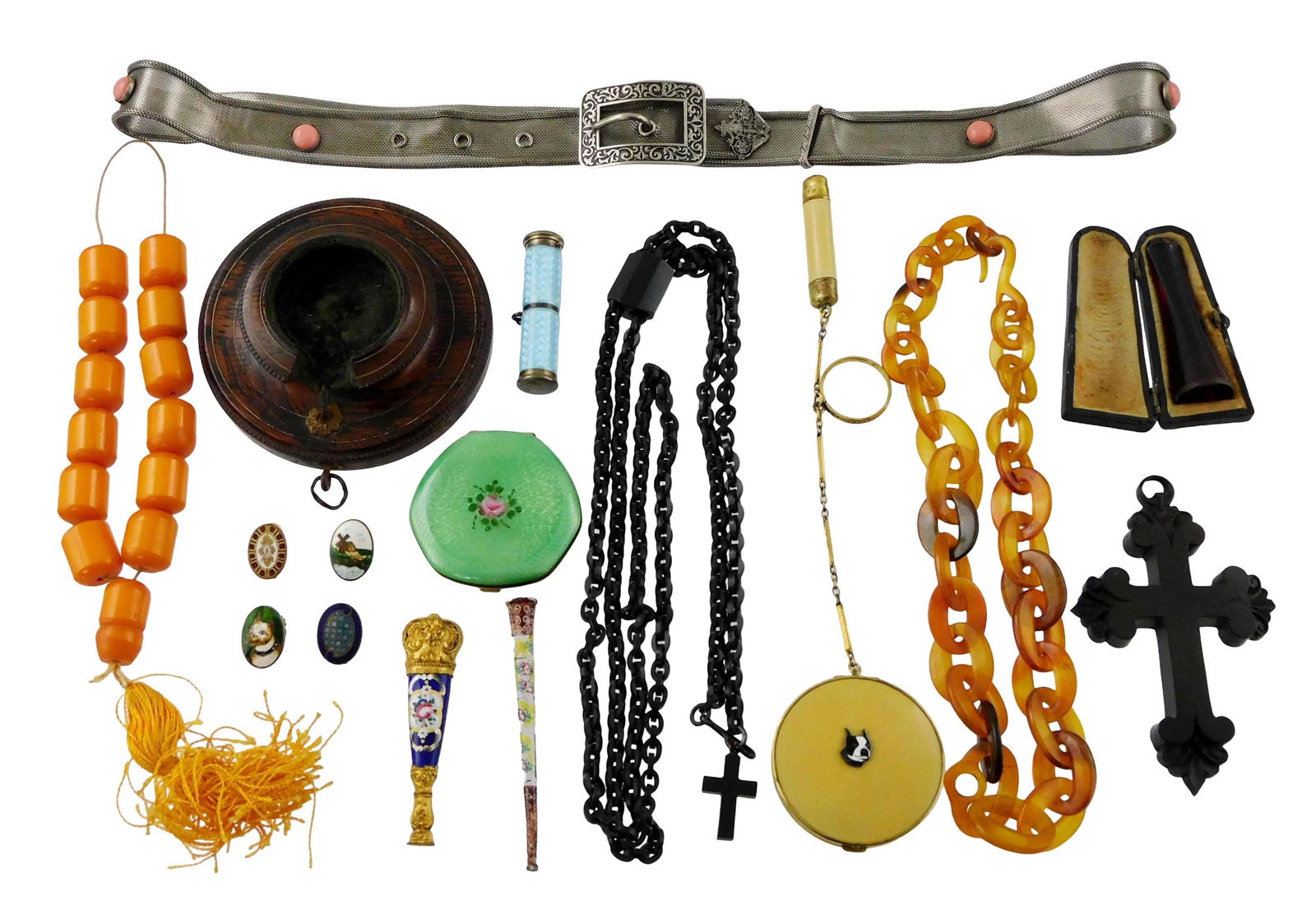 JEWELRY, ETC: Mixed lot including coral jewelry, Bakelite, amber type, along with several small (1 of 6)