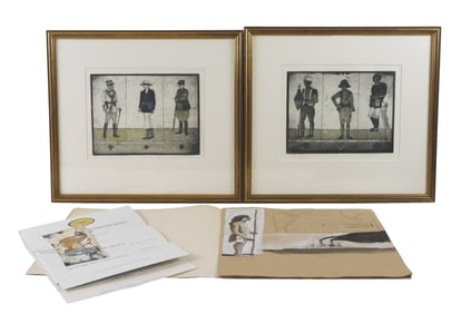 Robert Andrew Parker (Connecticut, 1927-2023), two framed etchings and sketchbook with original