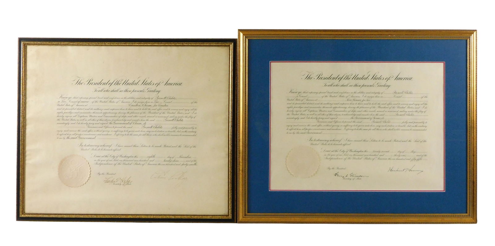 DOCUMENTS: Two signed and framed Presidental Foreign Service Appointments by Calvin Coolidge and (1 of 9)