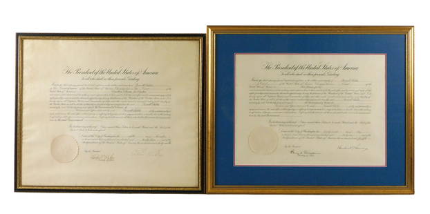 DOCUMENTS: Two signed and framed Presidental Foreign Service Appointments by Calvin Coolidge and: DOCUMENTS: Two signed and framed Presidental Foreign Service Appointments by Calvin Coolidge and Herbert Hoover, both one page and with embossed seal at lower left, details include: first a 1924 docum