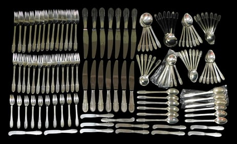 STERLING: Georg Jensen “Beaded (Sterling 1916)?? pattern sterling silver flatware, one hundred