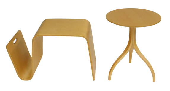 Two Mid-Century Modern type bentwood stands: Thomas W. Stender (American, 1947-2021), "Modulus": Two Mid-Century Modern type bentwood stands: Thomas W. Stender (American, 1947-2021), "Modulus" stand/ table, 1980's, manufactured by Sigma, appears to be maple with natural finish, round top over thr