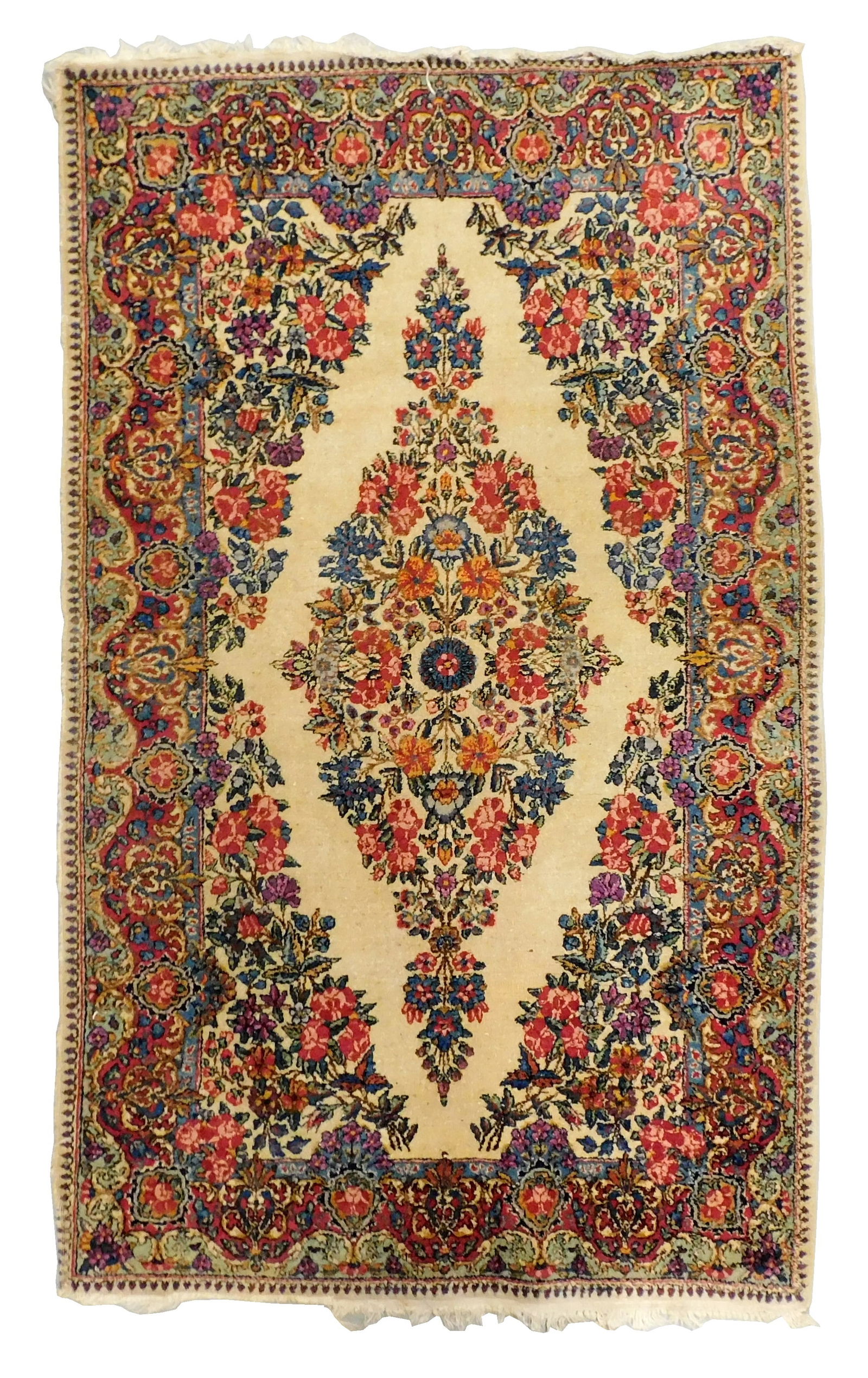 RUG: Semi-antique Persian Kirman style rug, 4' 9" x 2' 11", wool on cotton, floral ensconced (1 of 3)