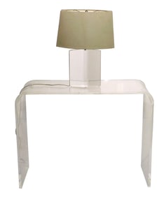 Lucite table lamp and console table: Mid-Century Modern style waterfall console table, no maker's