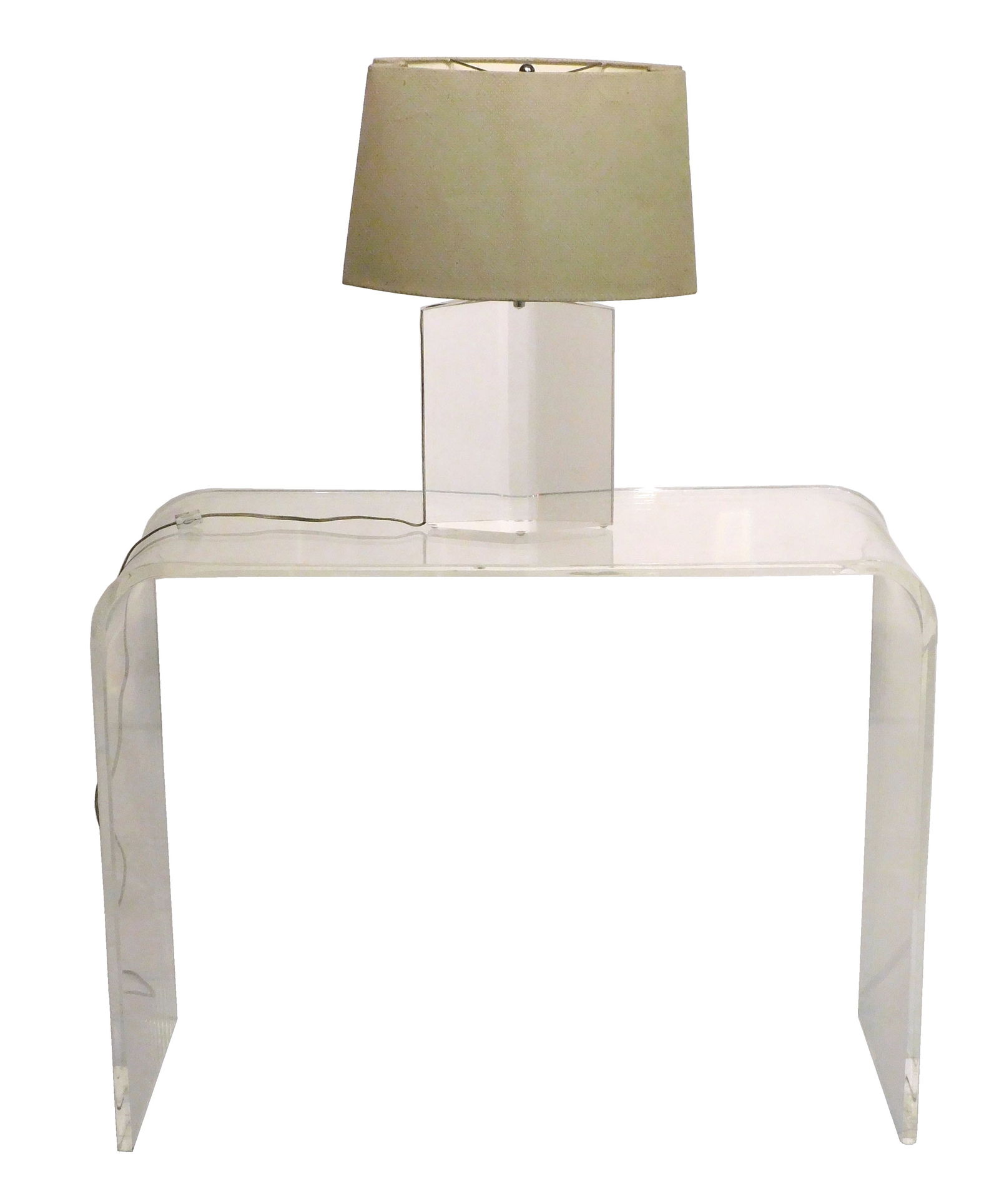 Lucite table lamp and console table: Mid-Century Modern style waterfall console table, no maker's: Lucite table lamp and console table: Mid-Century Modern style waterfall console table, no maker's mark, rounded edges, areas with heavy wear to finish, 29 1/2" h. x 38" w. x 15" d.; and a Contemporary