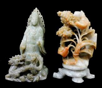 ASIAN: Two stone carvings, Chinese, Qing Dynasty or later, details include: one orange and gray with