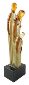 ART GLASS: Murano-style sculpture of family, featuring father, mother and child in amber tones with
