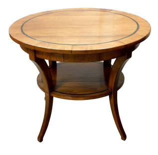 Biedermeier style round table, Continental, late 19th C., top with hardwood veneer and painted black: Biedermeier style round table, Continental, late 19th C., top with hardwood veneer and painted black band, hard wood banding over round veneered apron, raised on curved hardwood legs supporting shelf