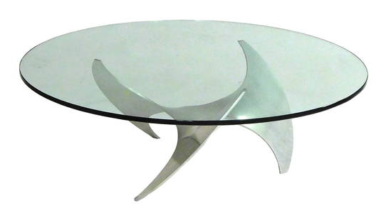 Knut Hesterberg "Propeller Coffee Table", Mid-Century Modern design, c. 1960-80, aluminum tri-arm: Knut Hesterberg "Propeller Coffee Table", Mid-Century Modern design, c. 1960-80, aluminum tri-arm base, heavy round glass top, wear consistent with age and use, 15 &frac12; h. x 44" diam.