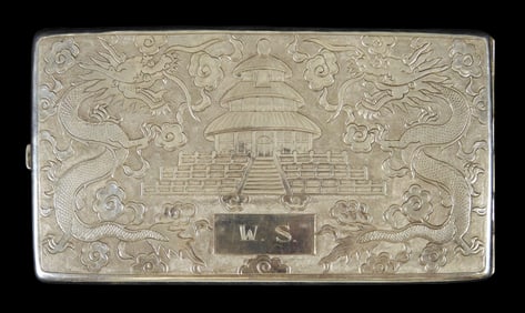 STERLING: Repousse sterling silver cigarette case, Chinese, 20th C., front decorated with the Temple