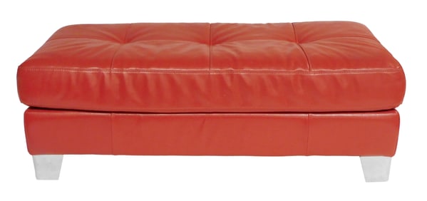 Italian red leather ottoman, Contemporary, tufted top, four chromed white metal feet stamped "IPEA