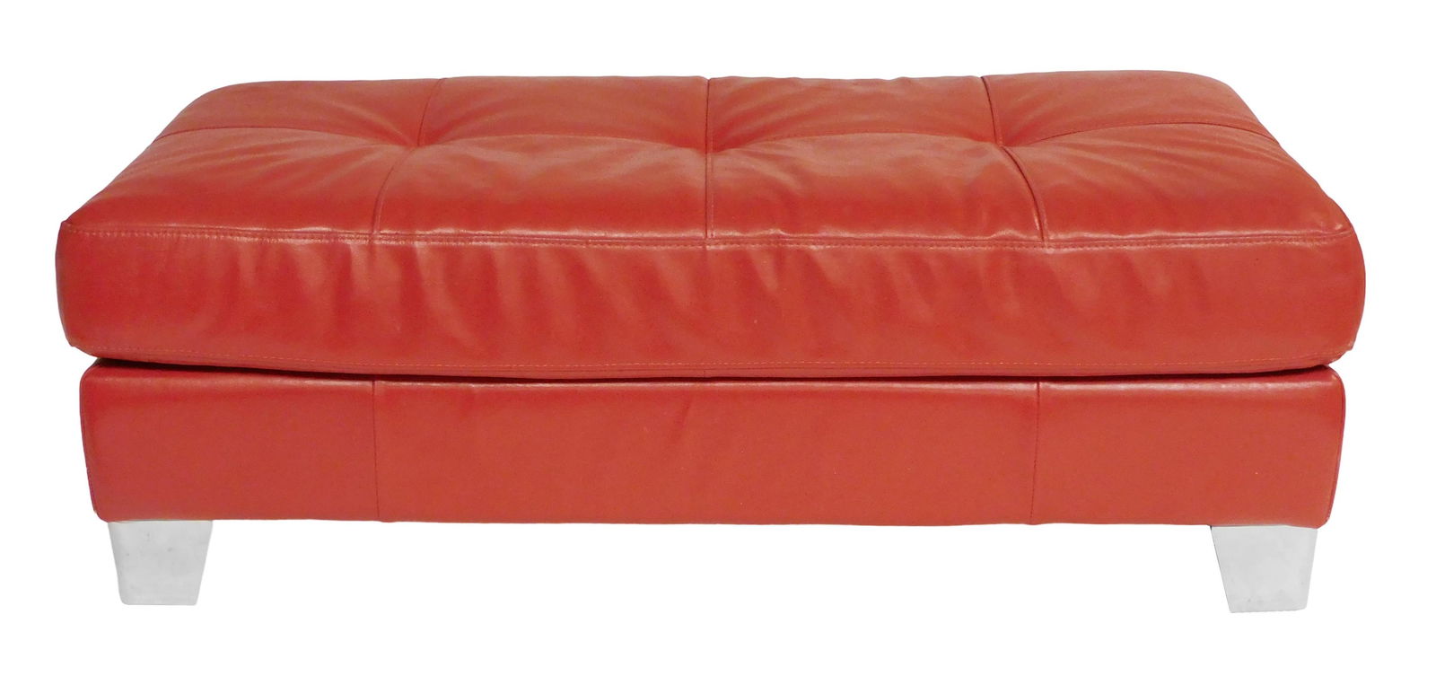Italian red leather ottoman, Contemporary, tufted top, four chromed white metal feet stamped "IPEA (1 of 4)