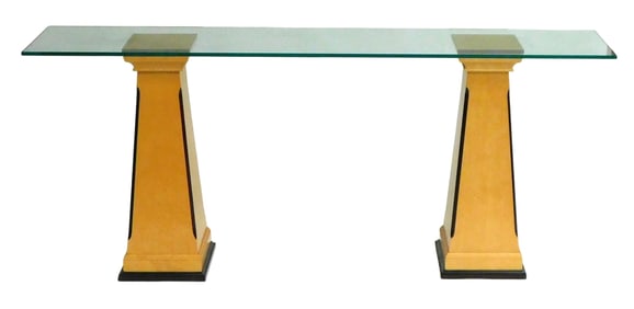 Art Deco style glass-top console table by the Bombay Company, 20th C., maple with ebonized accents