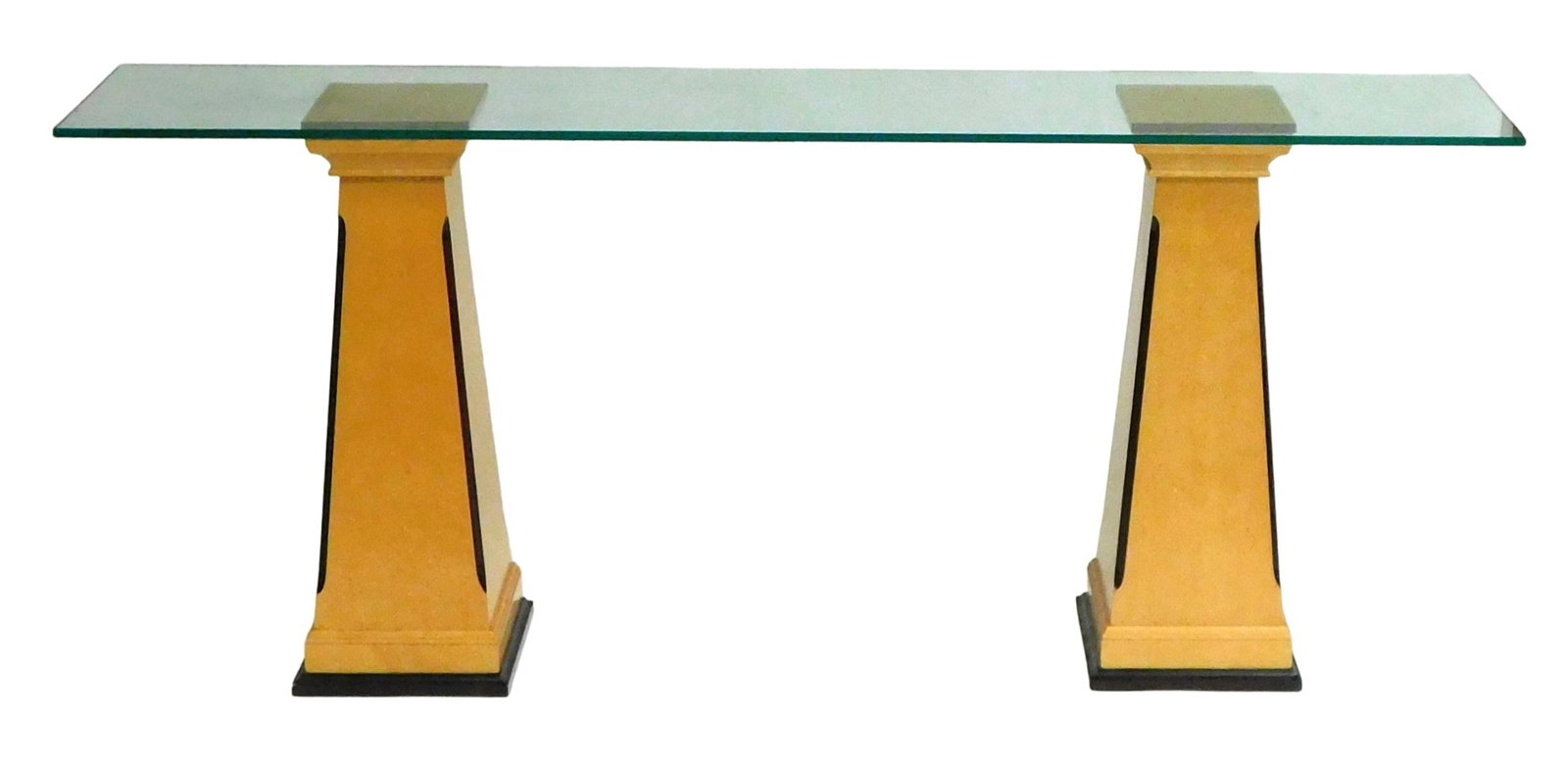 Art Deco style glass-top console table by the Bombay Company, 20th C., maple with ebonized accents (1 of 3)