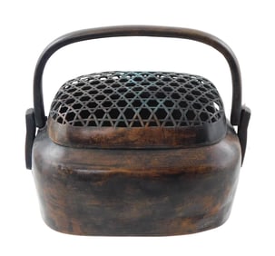 ASIAN: Bronze hand warmer, Chinese, probably Qing Dynasty, oblong openwork lid over conforming body,