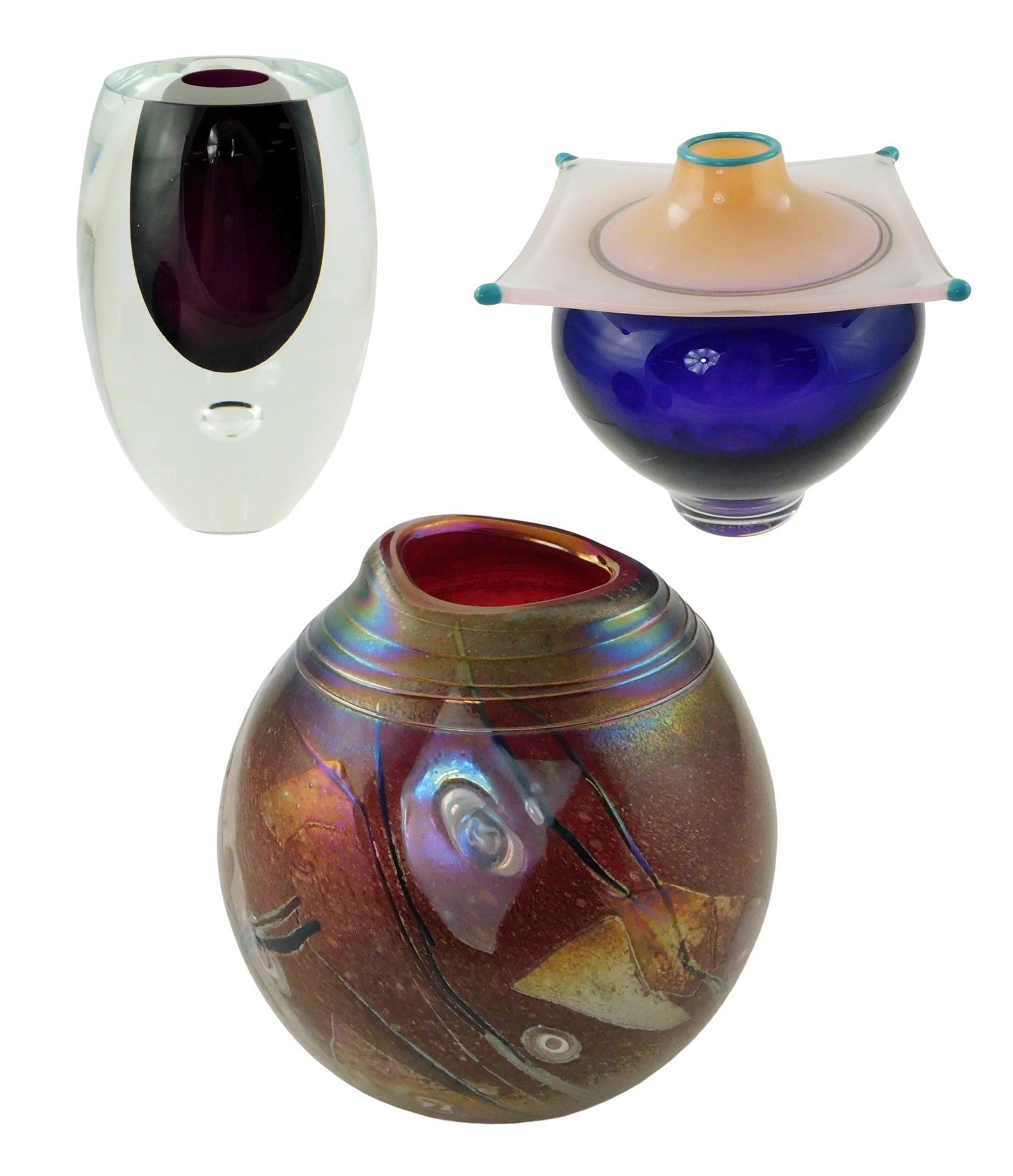 ART GLASS: Three contemporary studio art glass pieces, all signed, including: solid clear vase in (1 of 7)