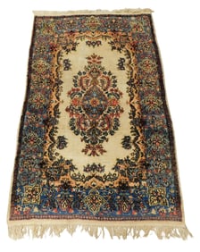 RUG: Semi-antique Persian Kirman style rug, 4' 10" x 3' 1", wool on cotton, ensconced corner, single