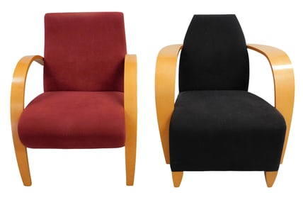 Art Deco style armchairs by Andreu World, 20th C., blonde bentwood frames, upholstered seat and