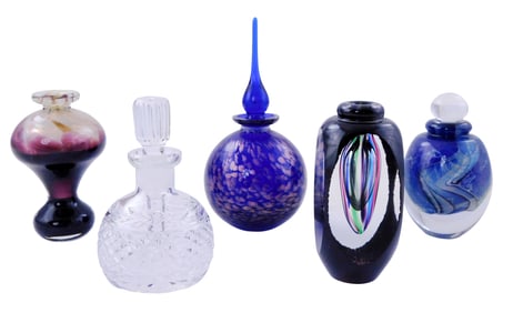 ART GLASS: Five perfume bottles, most signed, various makers, including: Robert Eickholt, 1990,