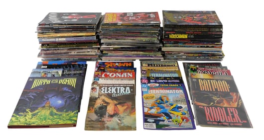 Large collection of 95+ paperback comic books c. 1980's & 90's, 45+ soft back books, and four