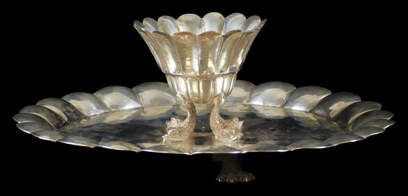 STERLING: Mexican sterling silver two-tier tray and serving bowl, marked on base, tray with