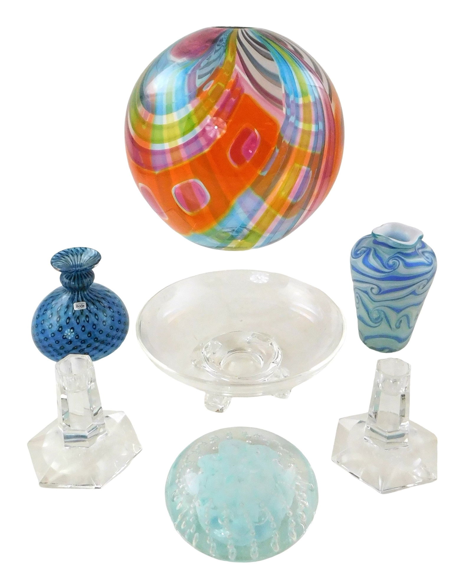+ART GLASS: Seven pieces of signed 20th C. glassware, including: Jeffrey P'an (Connecticut, 20th: +ART GLASS: Seven pieces of signed 20th C. glassware, including: Jeffrey P'an (Connecticut, 20th C.), 2010, bright multicolor spherical vase, 9 1/2" h.; Bertil Vallien for Kosta Boda, Sweden, "Cirrus"