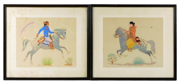 Harrison Begay (Navajo/American, 1917-2012), two framed silkscreens "Indigenous Woman on Horseback"