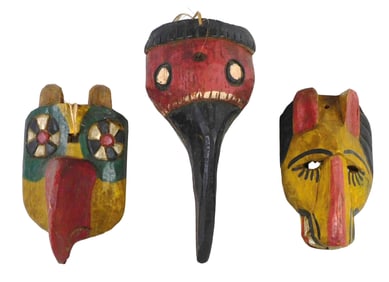 TRIBAL: Three hand-carved and painted masks, 20th C., South American, likely Mexico, each animal