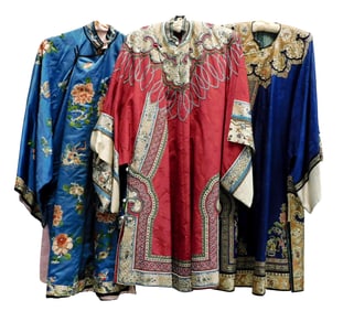 ASIAN: Three Chinese silk short robes, early/mid-20th C., details include: red damask robe with