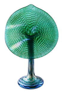 ART GLASS: Steve Correia (American, b. 1949) "Jack in the Pulpit" signed vase, 1982, favrile blue: ART GLASS: Steve Correia (American, b. 1949) "Jack in the Pulpit" signed vase, 1982, favrile blue and green pulled feather decoration, "Steve Correia" signature etched on base along with "Limited Edit