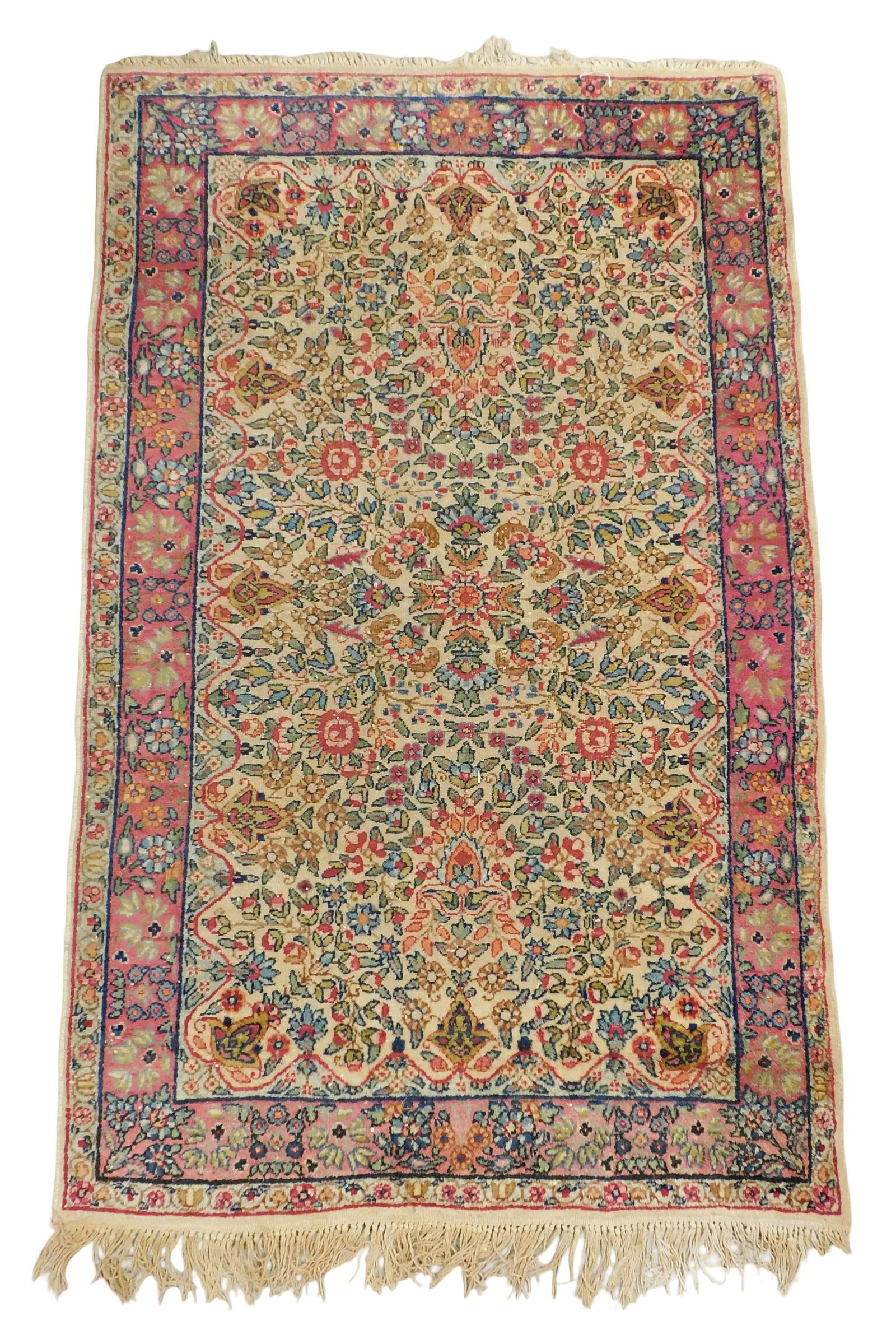 RUG: Semi-antique Persian Kirman style rug, 4' 3" x 3', wool on cotton, an all over floral design on (1 of 3)