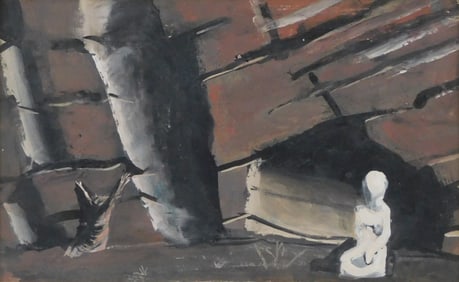 Mario Sironi (Italy, 1885-1961), gouache on paper applied to board, white figure sits on ground