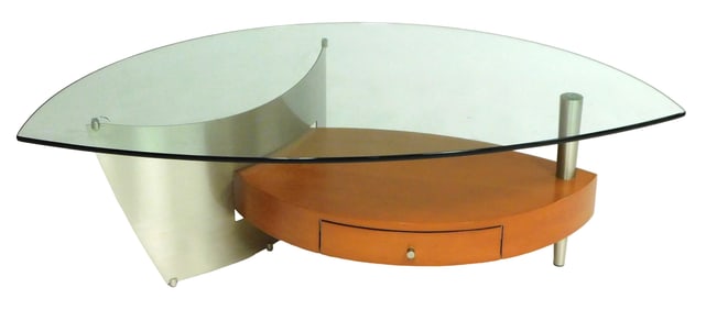Contemporary coffee table by Elite Mfg., California, thick ovoid clear glass top over veneered wood