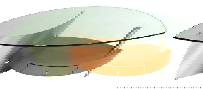 Contemporary coffee table by Elite Mfg., California, thick ovoid clear glass top over veneered wood: Contemporary coffee table by Elite Mfg., California, thick ovoid clear glass top over veneered wood and metal base, single drawer, maker's stamp verso, wear consistent with age and use including wear