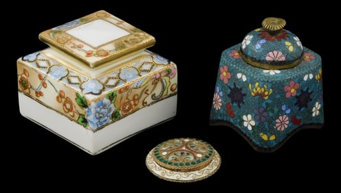 ASIAN: One silver cloisonné compact and two inkwells, three pieces, details include: Soviet .916
