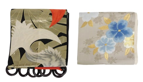 ASIAN: Two Japanese obi, details include: one black featuring red and white cranes flying by golden