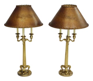 Chapman, pair of brass candelabra column table lamps, ca. 1980s, fluted columns raised on cabriole