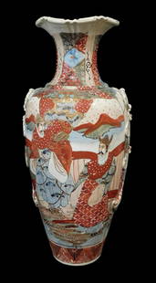 ASIAN: Large Japanese Satsuma vase, Meiji period, ceramic with glazed decoration of Samuri and court: ASIAN: Large Japanese Satsuma vase, Meiji period, ceramic with glazed decoration of Samuri and court figures, shaped rim over fluted and tapered neck, baluster form body with carved and molded ring an