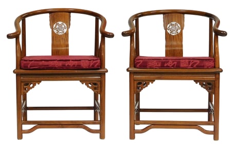 ASIAN: Pair of Chinese yoke-back armchairs, 20th C., likely huanghuali wood, mother of pearl inlay