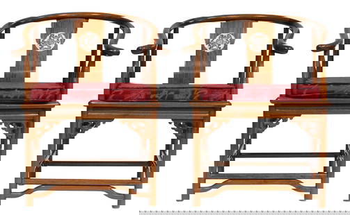 ASIAN: Pair of Chinese yoke-back armchairs, 20th C., likely huanghuali wood, mother of pearl inlay: ASIAN: Pair of Chinese yoke-back armchairs, 20th C., likely huanghuali wood, mother of pearl inlay to horizontal splat, bentwood horseshoe crest and arm rail, paneled seat, carved frieze, box stretche