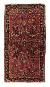 RUG: Antique Persian painted Sarouk style rug, 4' 8" x 2' 7", wool on cotton, a deep red field,