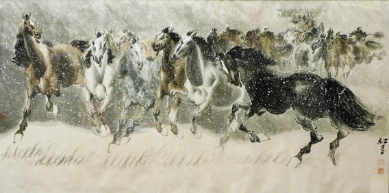 ASIAN: Contemporary ink and watercolor painting of running horses, Chinese, late 20th/ 21st C.,