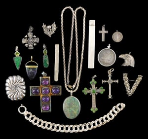 JEWELRY: Silver jewelry, 15+ pieces, including five crosses, a Columbian coin pendant, large opal