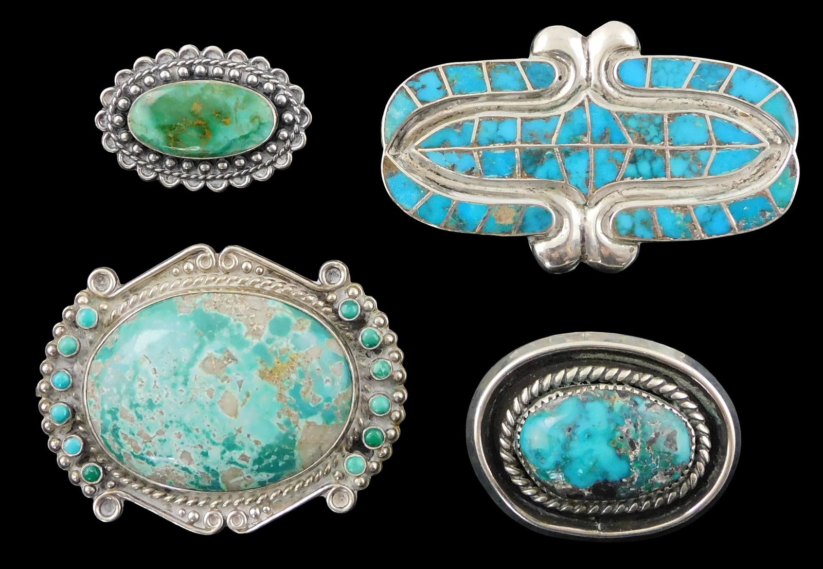 JEWELRY: Four silver and turquoise pins, all tested silver, three with central set turquoise (1 of 6)