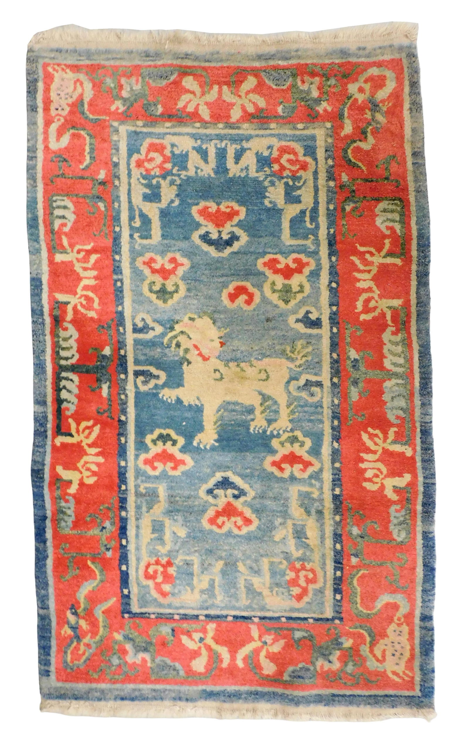 RUG: Modern Tibetan style scatter rug, 5' 2" x 3' 1", wool on wool, blue and white design featuring (1 of 3)