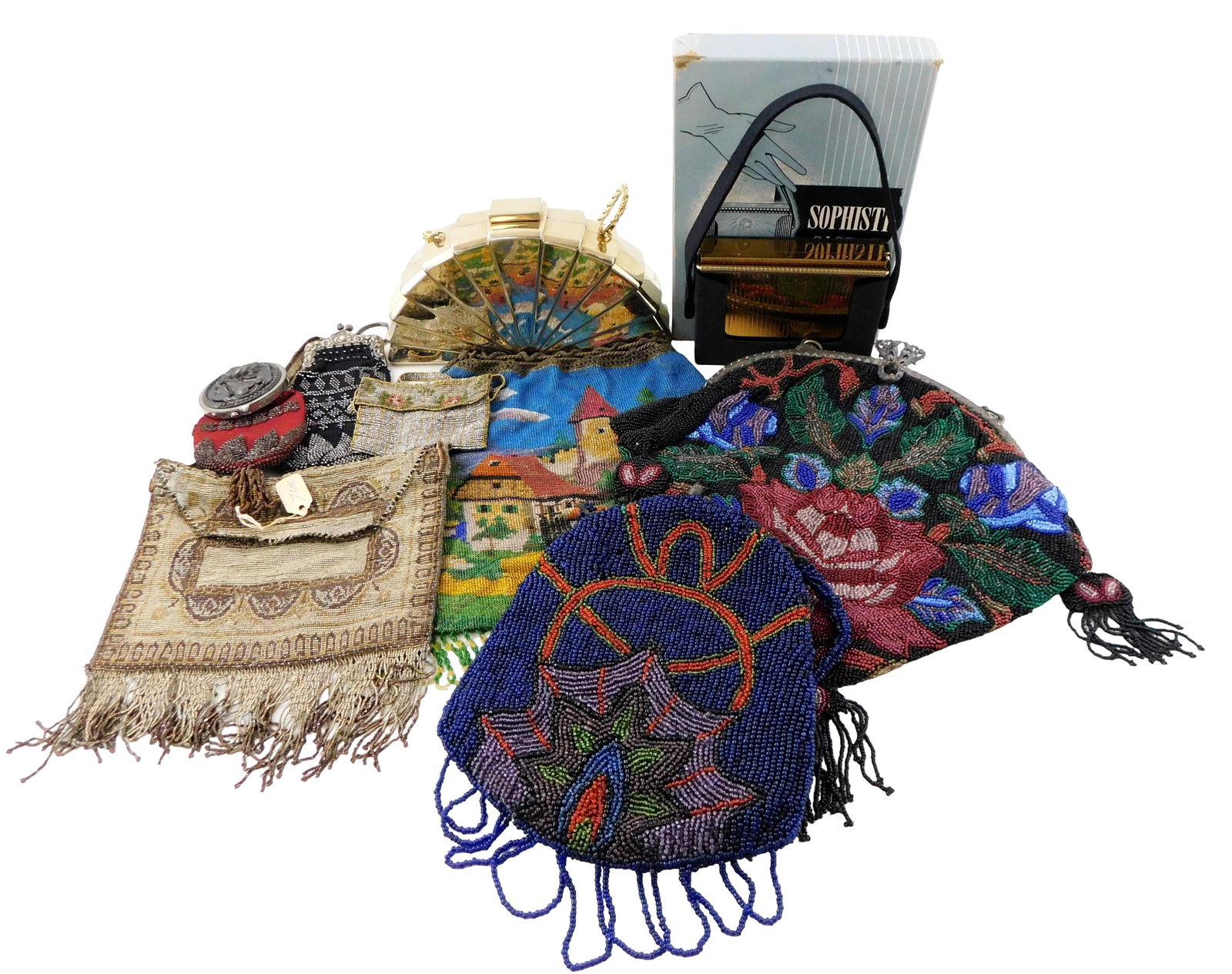 Nine vintage purses, late 19th/early 20th C., details include: seed beaded purse with landscape (1 of 6)