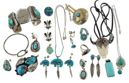 JEWELRY: Sterling and tested silver southwest style jewelry, including pendants, earrings, rings and
