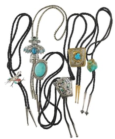 JEWELRY: Six Southwest, Navajo, and Zuni (Edaakie) bolos, silver and turquoise patterns; one bolo